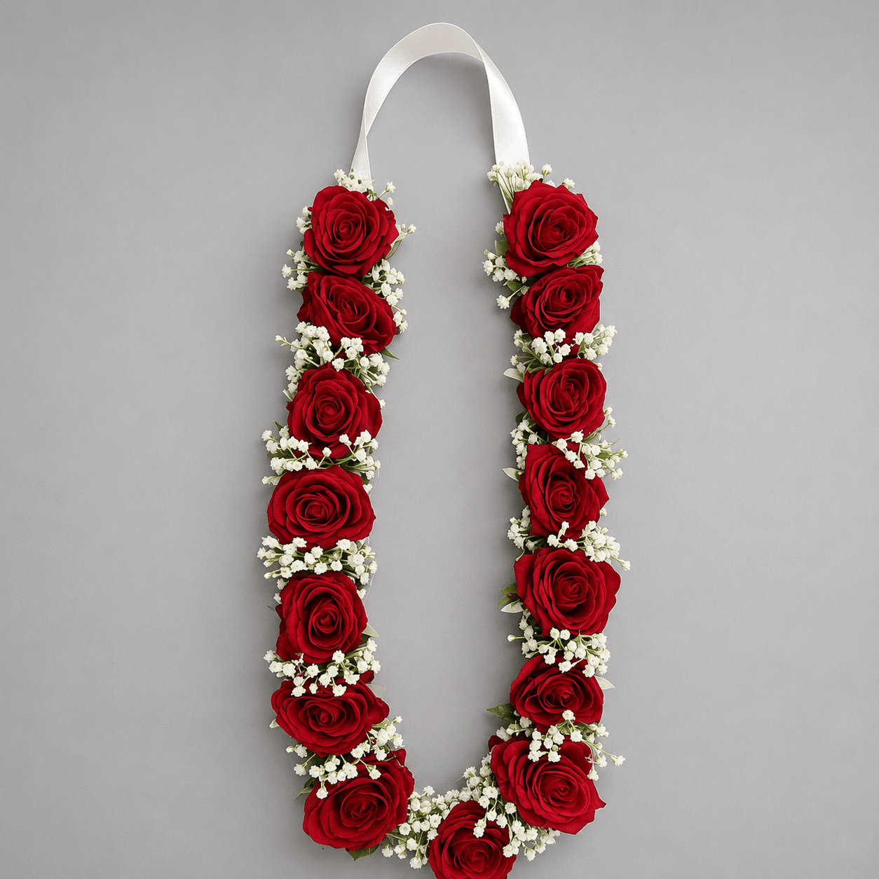 Red Rose & Gypsophila Graduation Lei Garland