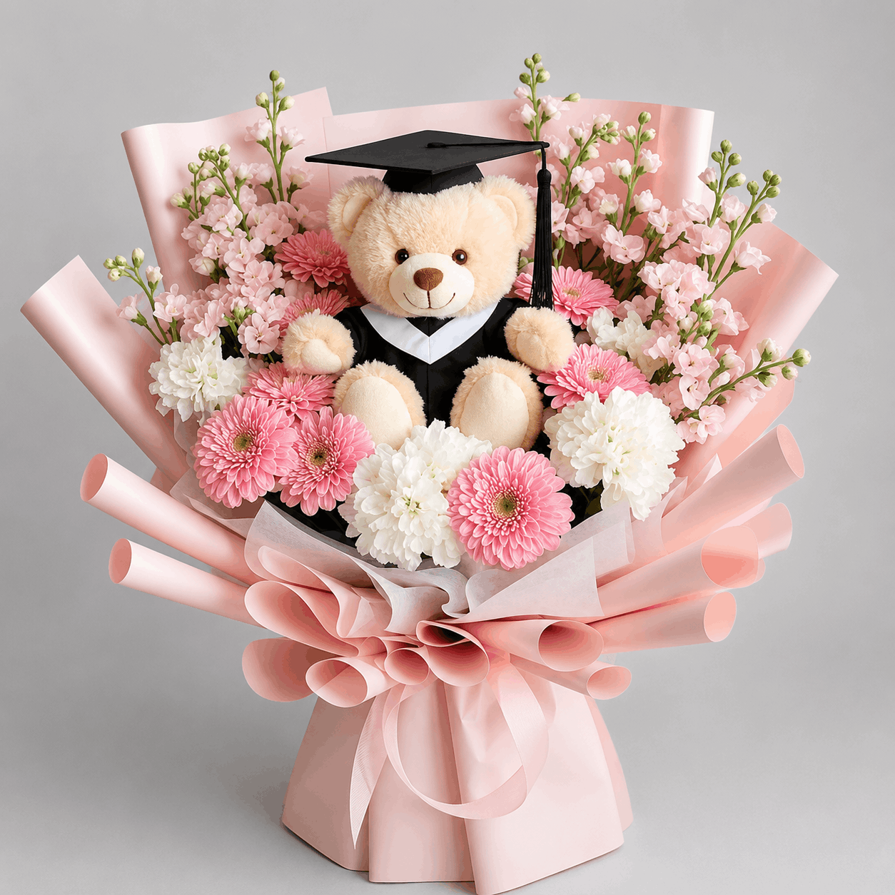 Graduation Teddy Bear Pink Gerbera & Stock Bouquet