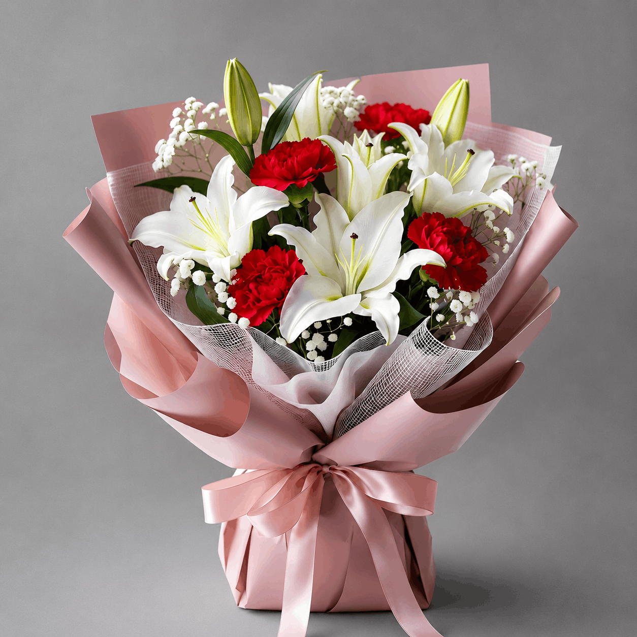 Red Carnation & White Lily Bouquet