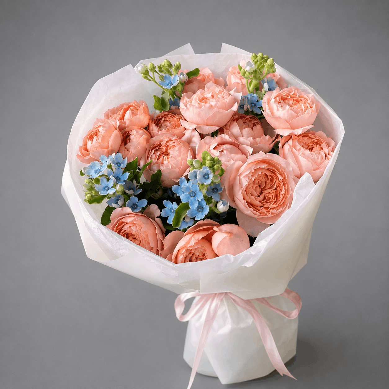 Peach Rose & Blue Accent Bouquet