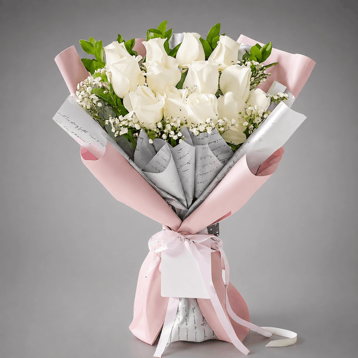 White Roses & Baby's Breath Bouquet – Pink Script Wrap