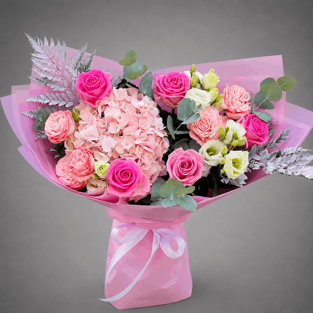 Pink Hydrangea & Roses Bouquet – Silver Fern Wrap