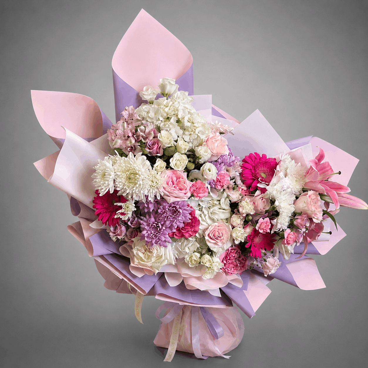 Grand Mixed Bloom Bouquet – Lavender & Pink Wrap