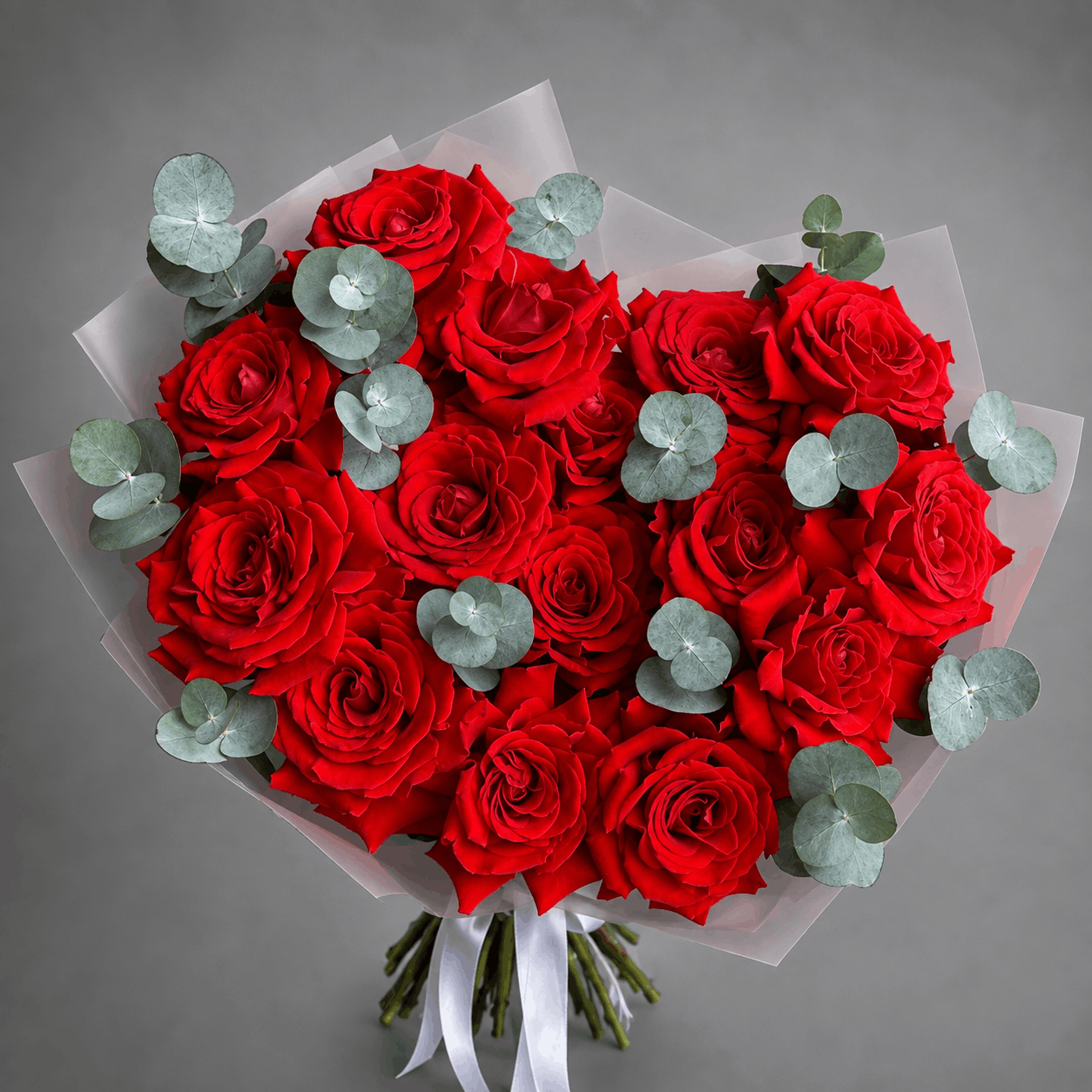 21 Red Roses Bouquet – Eucalyptus & Frosted Wrap