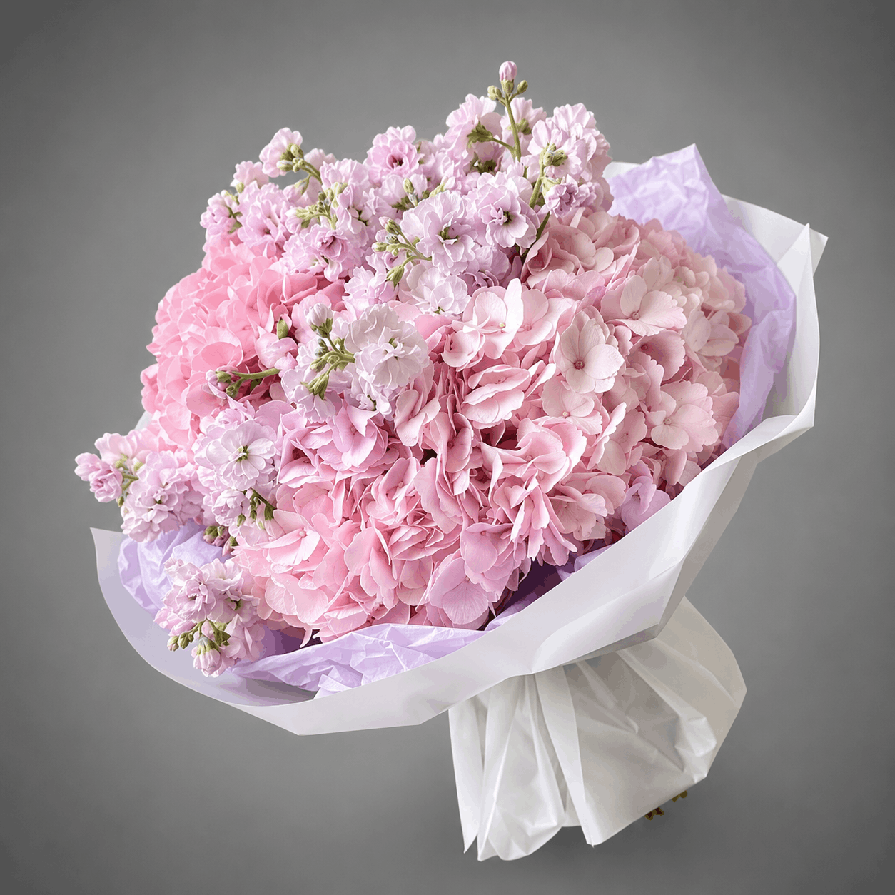 Pink Hydrangea & Stock Flower Bouquet – White Wrap
