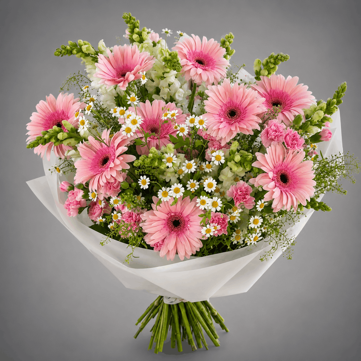 Pink Gerbera Garden Bouquet – White Wrap