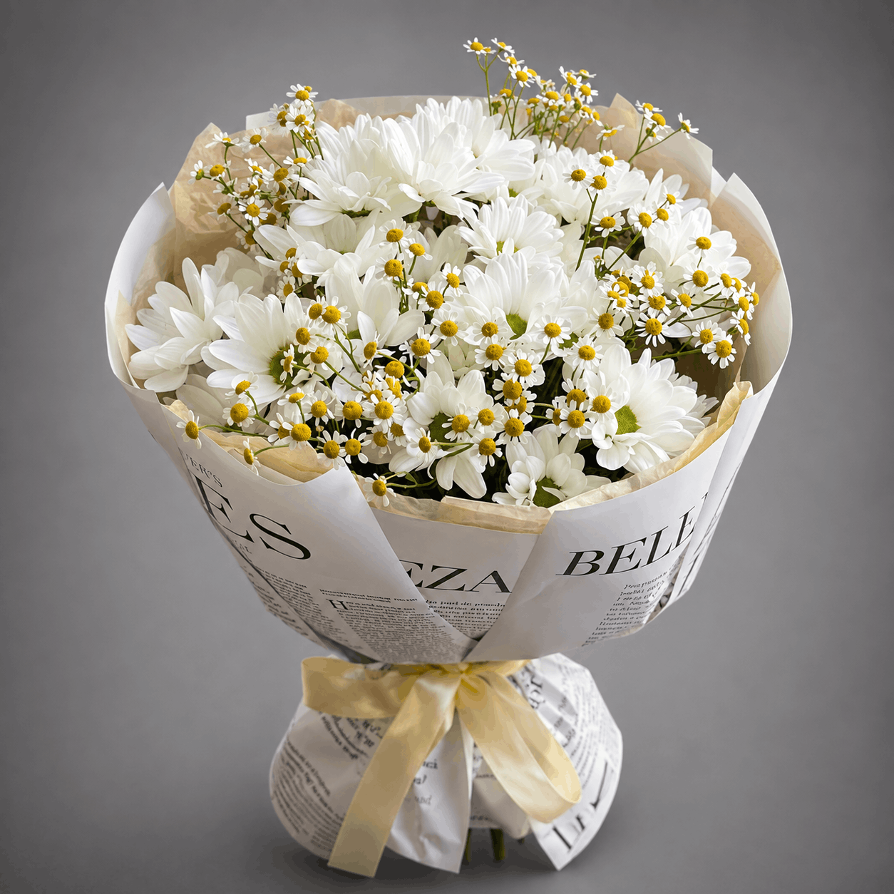 White Chrysanthemum & Chamomile Bouquet – Newspaper Wrap