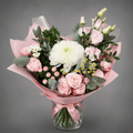 Pink Garden Bouquet in Glass Vase – Roses, Chrysanthemum & Lisianthus