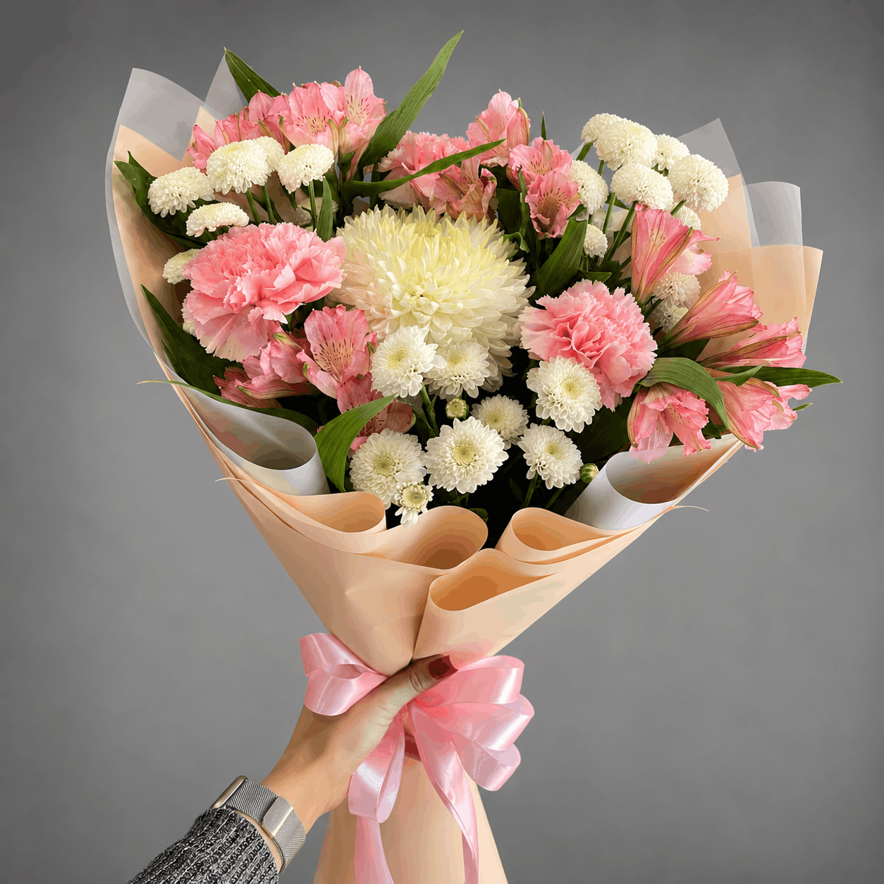 Pink Alstroemeria & Carnation Bouquet – Peach Wrap