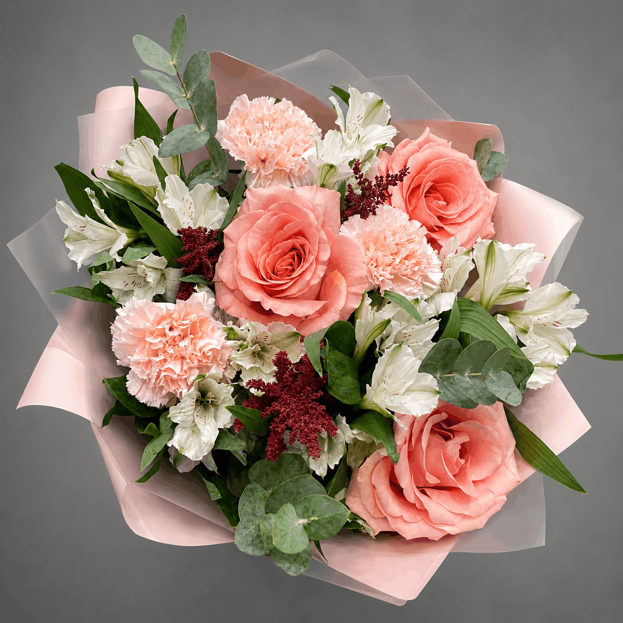 Coral Rose & Alstroemeria Bouquet – Blush Pink Wrap