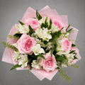 Pink Roses & White Alstroemeria Bouquet – Pink Wrap