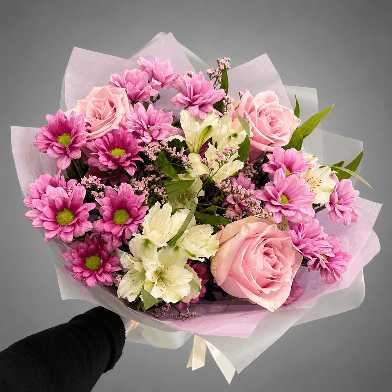 Pink Roses & Chrysanthemum Bouquet – Lavender Frosted Wrap