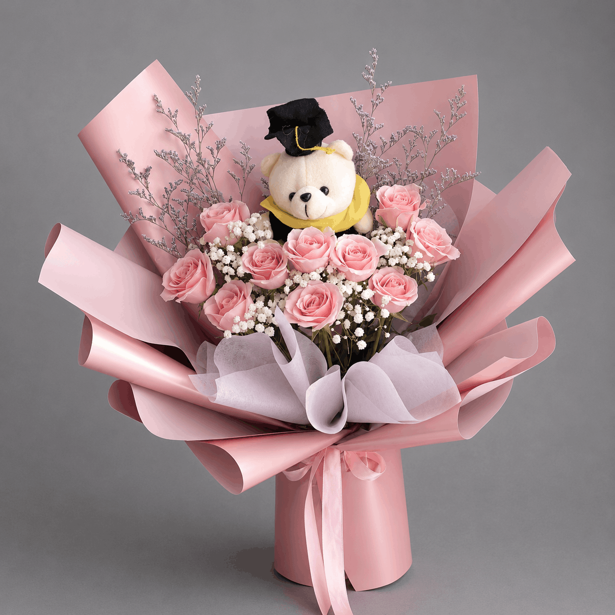 Graduation Pink Rose Teddy Bear Bouquet