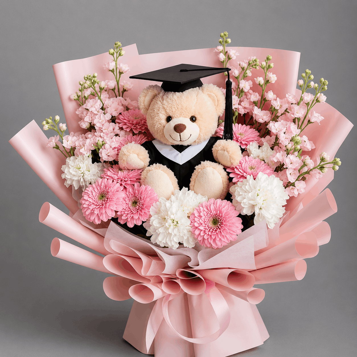 Pink & White Graduation Teddy Bear Bouquet