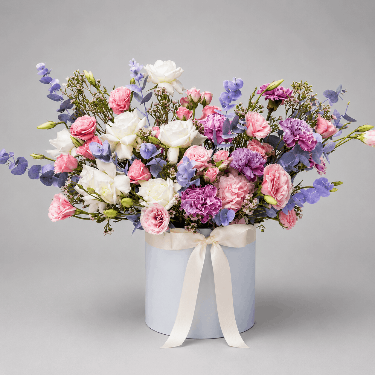 Pastel Dream Powder Blue Hat Box Arrangement