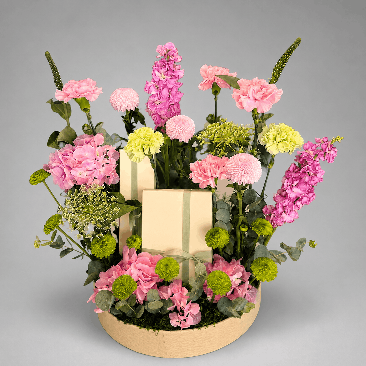 Pink Garden Flowers & Gift Box Wood Tray Arrangement