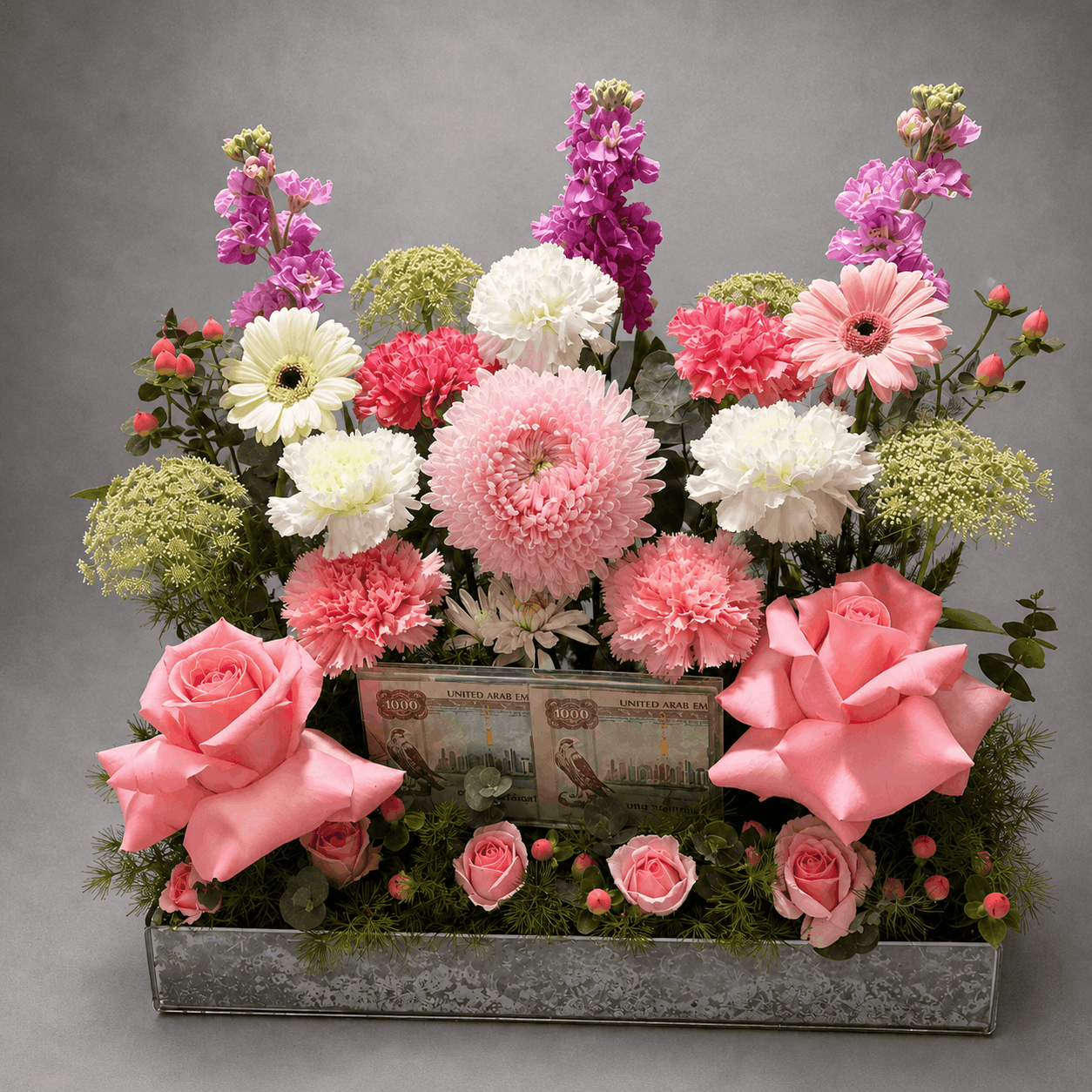 Pink Bloom Money Gift Mirrored Silver Tray