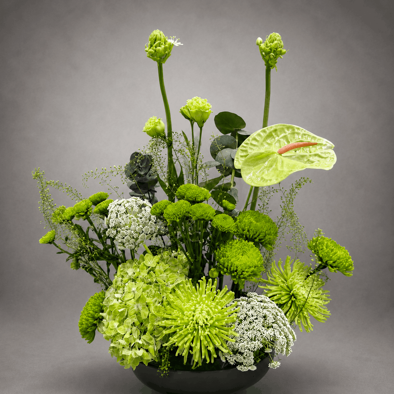 All Green Sculptural Black Bowl Arrangement