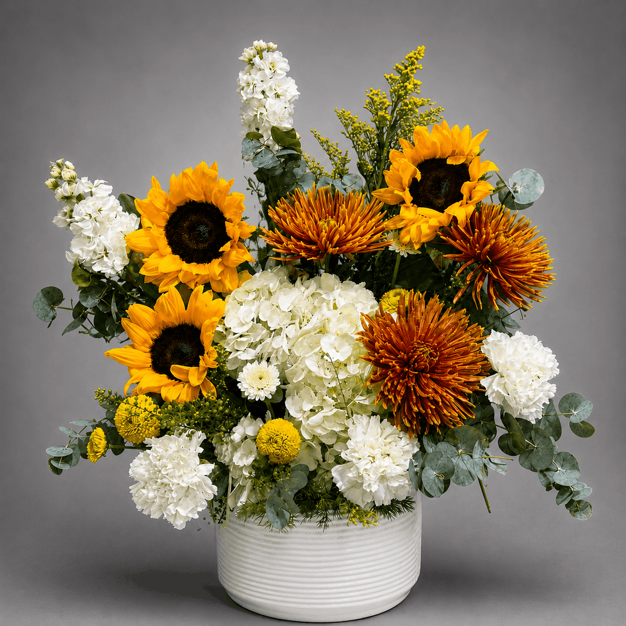 Sunflower & Bronze Spider Mum Ceramic Pot Arrangement