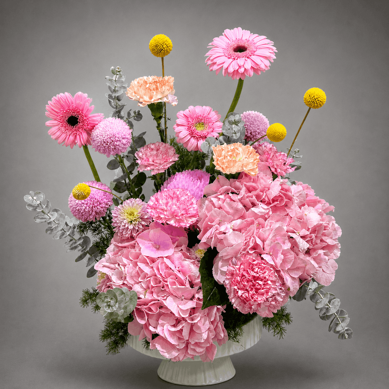 Pink Hydrangea & Craspedia Compote Bowl Arrangement