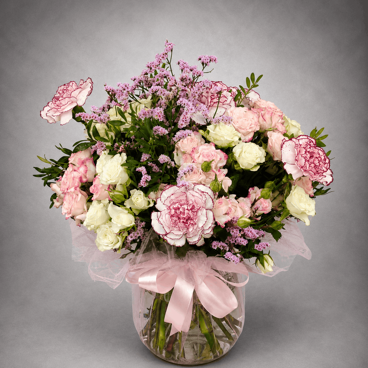 Blush Carnation & Spray Rose Glass Vase Arrangement