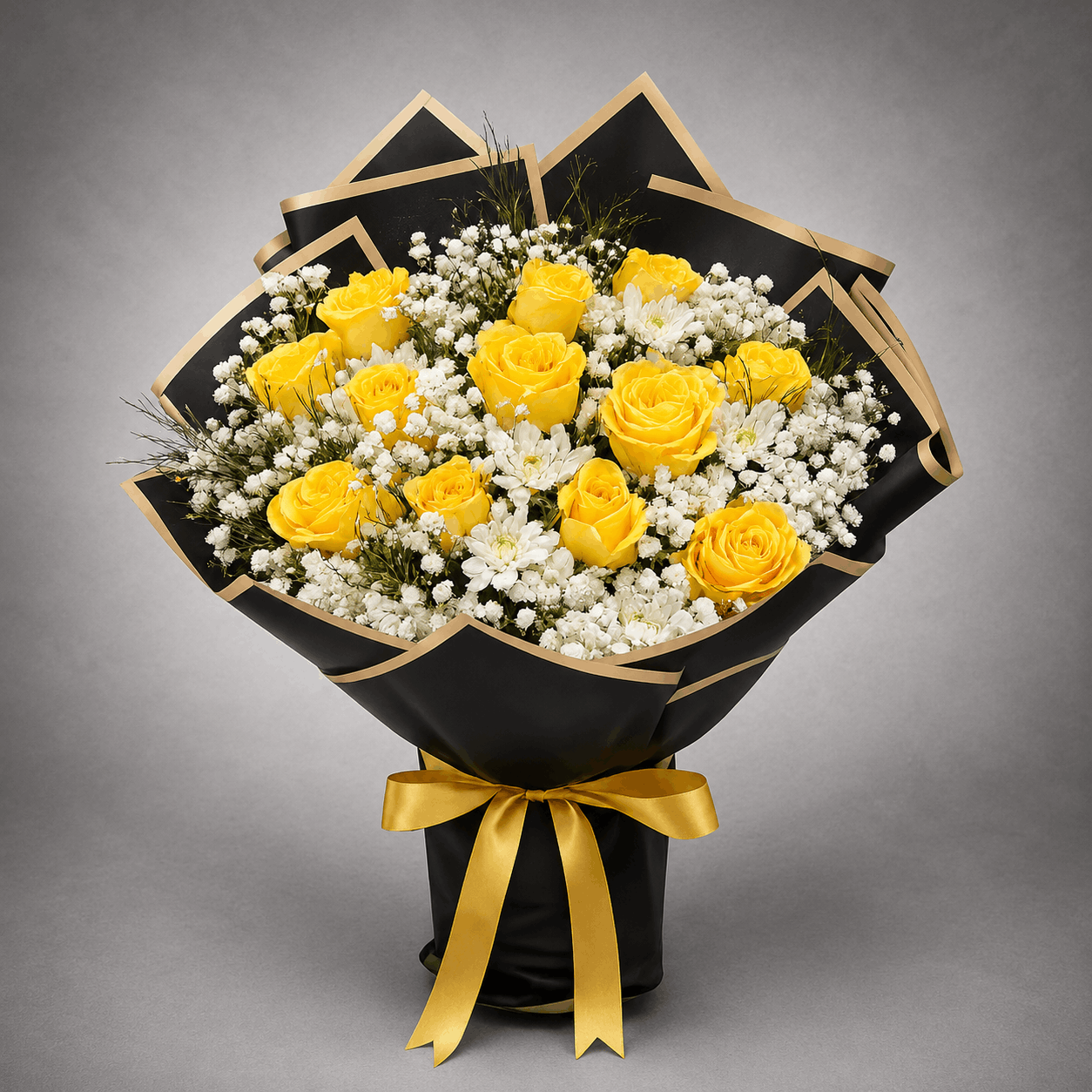 Yellow Rose Black & Gold Lotus Bouquet