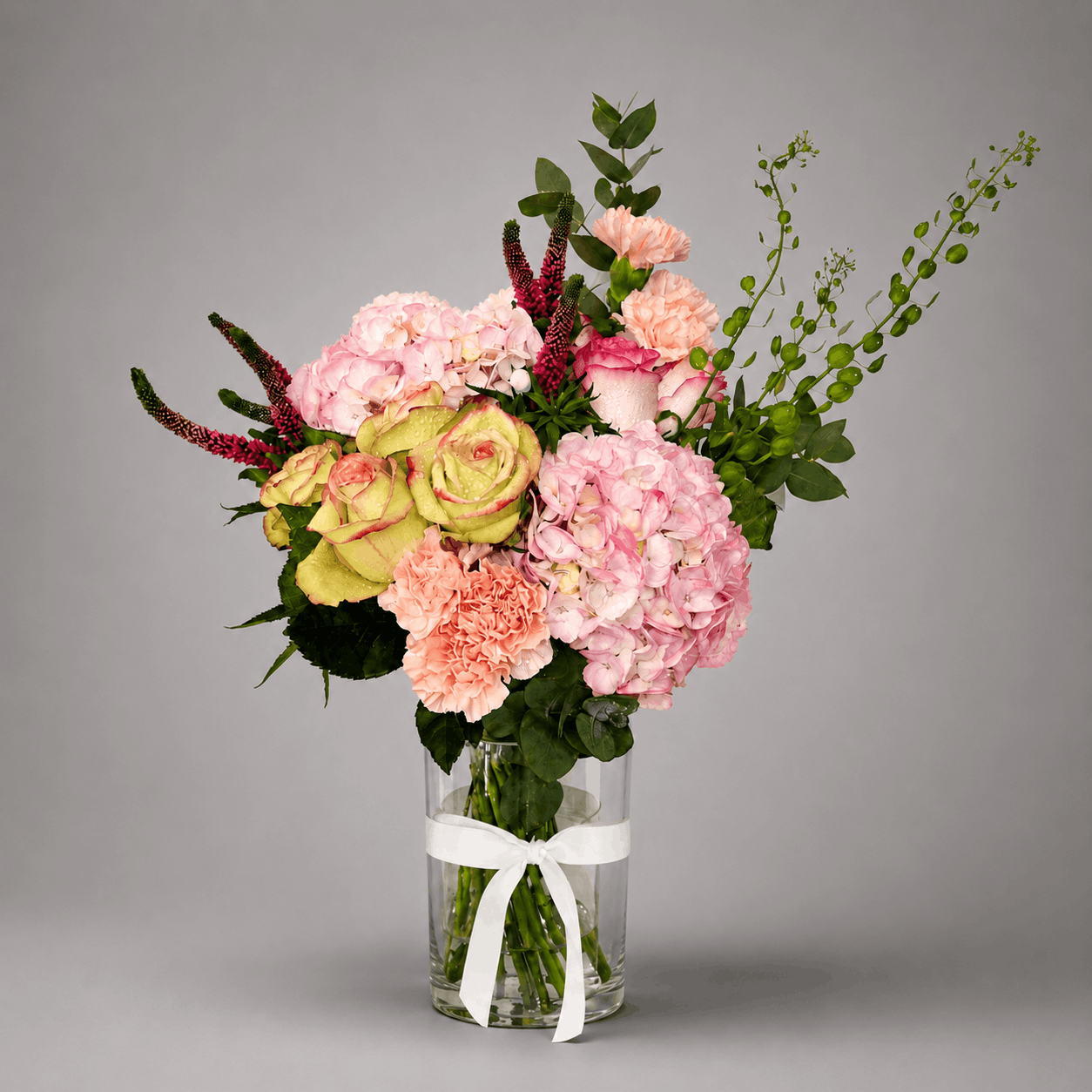 Pink Hydrangea & Green Rose Cylinder Vase Arrangement