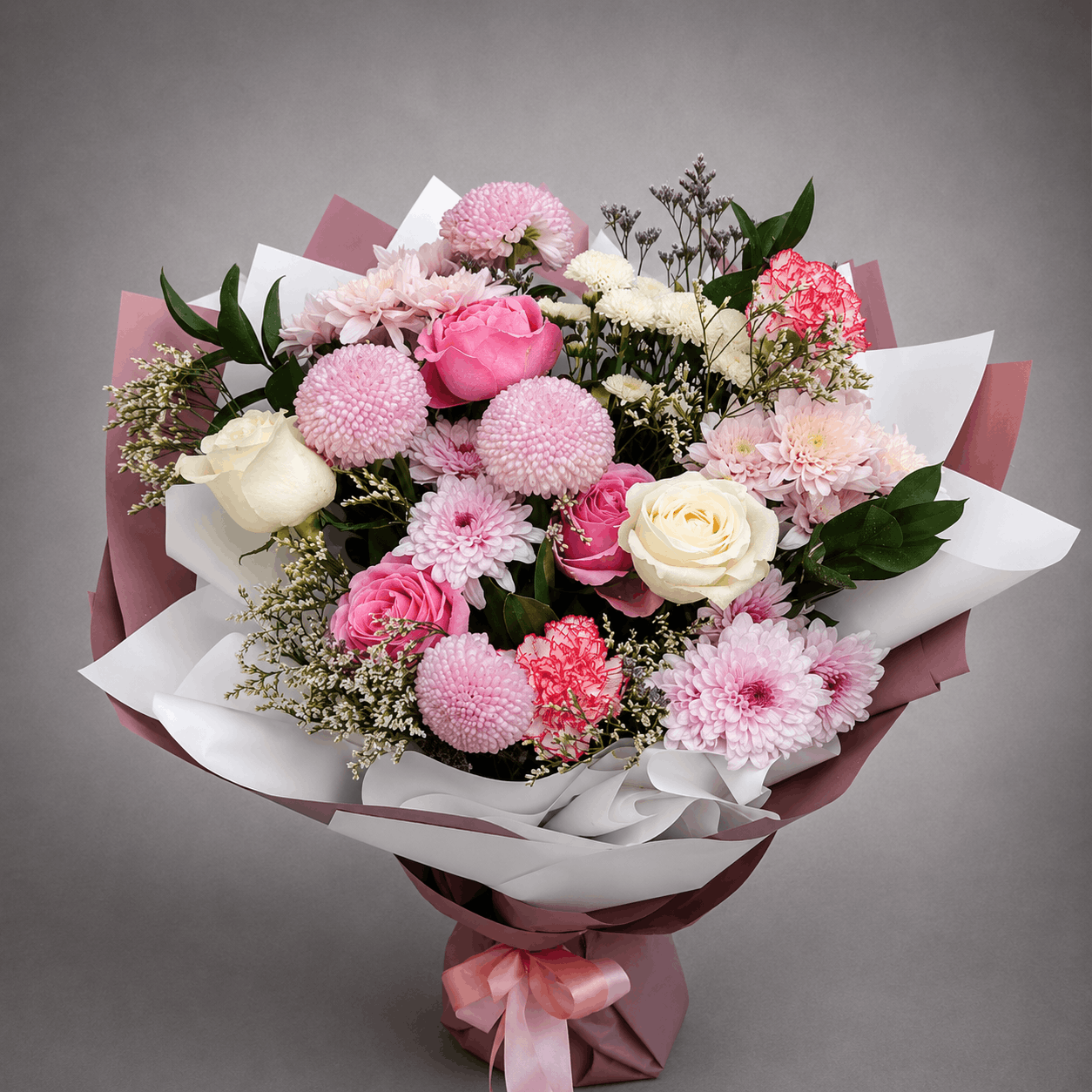 Pink Pompom & White Rose Bouquet