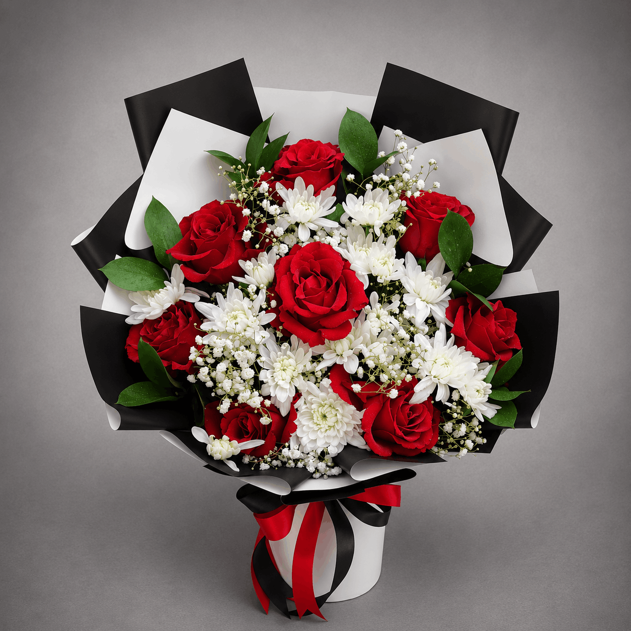 Red Rose & White Chrysanthemum Monochrome Bouquet