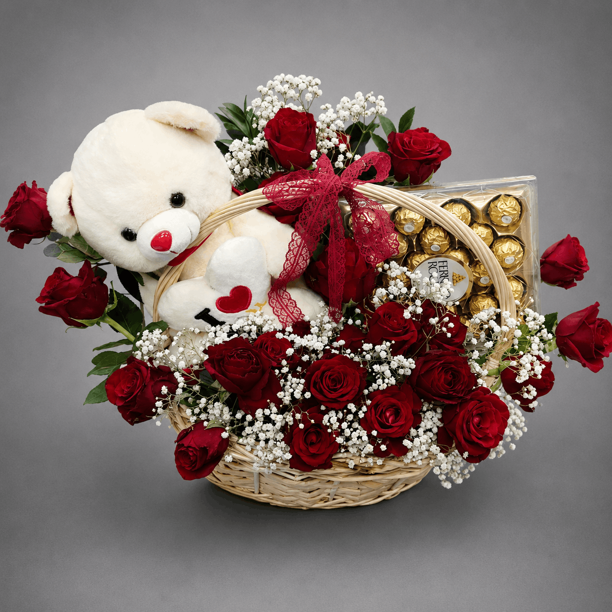 Red Roses, Teddy Bear & Ferrero Rocher Gift Basket