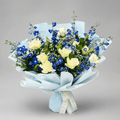 White Rose & Blue Delphinium Sky Bouquet