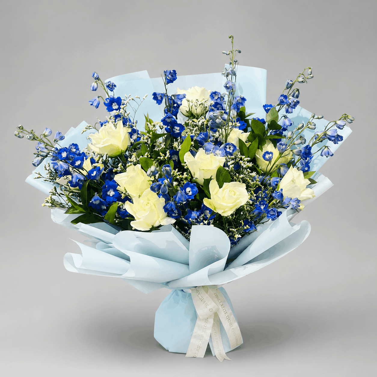 White Rose & Blue Delphinium Sky Bouquet