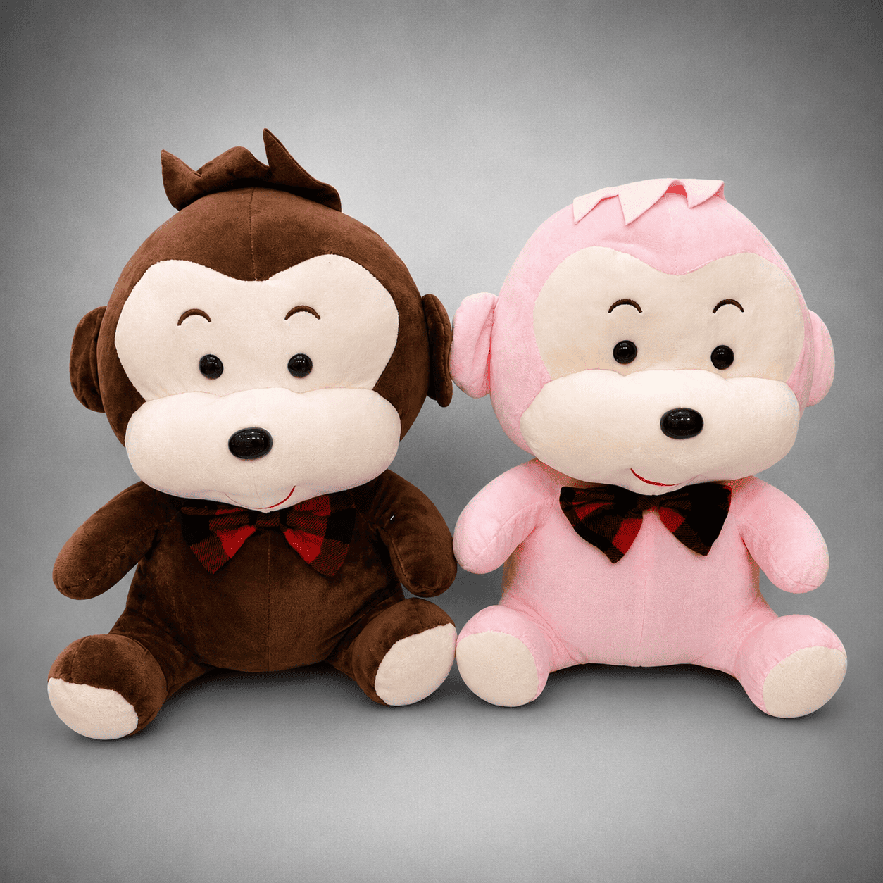 Bow Tie Monkey Couple Plush Toy - Brown & Pink