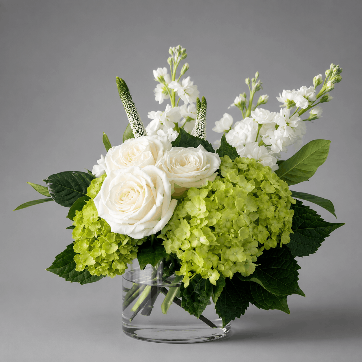 White & Green Hydrangea Rose Vase Arrangement