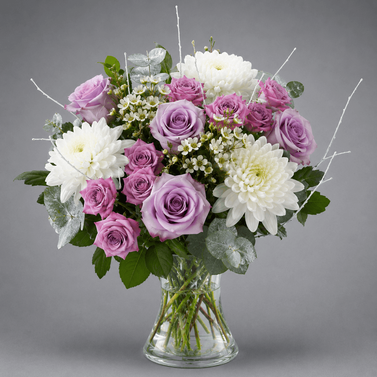 Lavender Rose & White Chrysanthemum Vase Arrangement
