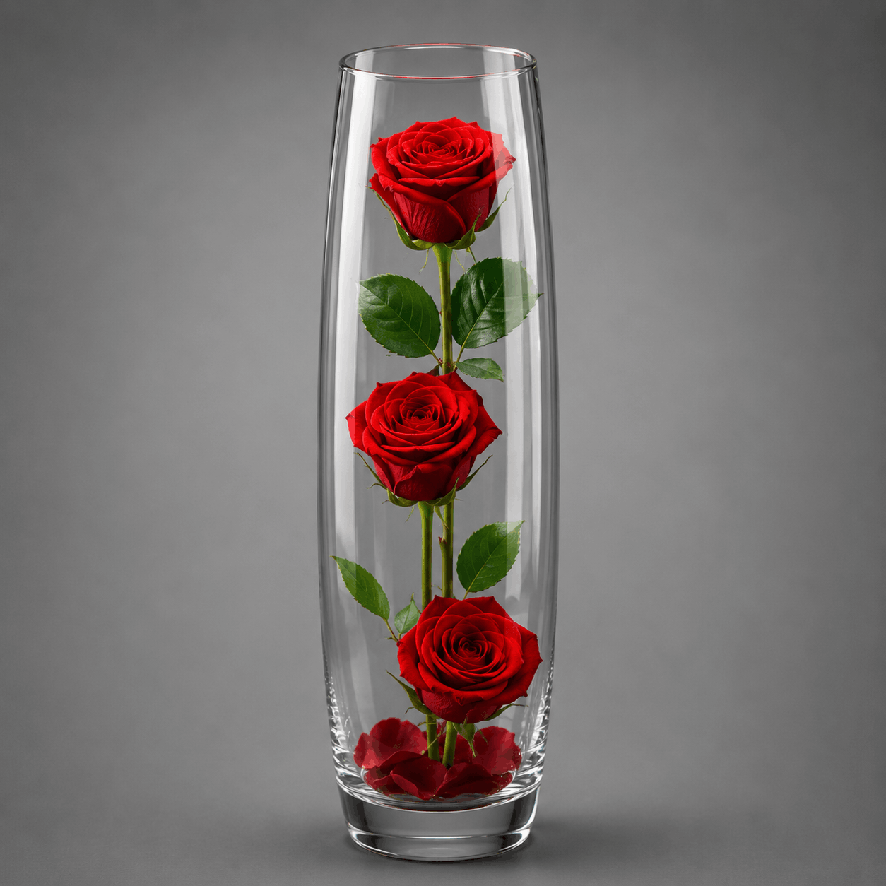 Three Red Rose Glass Vase Display