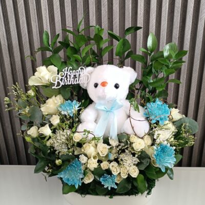 Blue Bliss: Roses, Gypsophila & Teddy