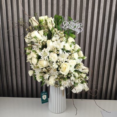 Birthday Serenity: White Blooms in Vase