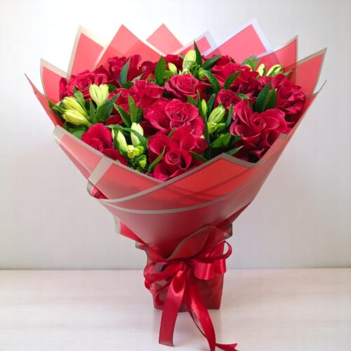 Fiery Red Rose & Lily Bouquet
