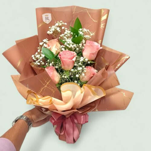 Elegant Pink Rose Bouquet with Baby’s Breath