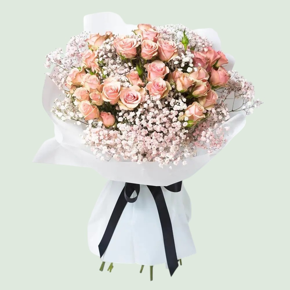Blush Harmony: Pink Rose & Baby’s Breath Bouquet