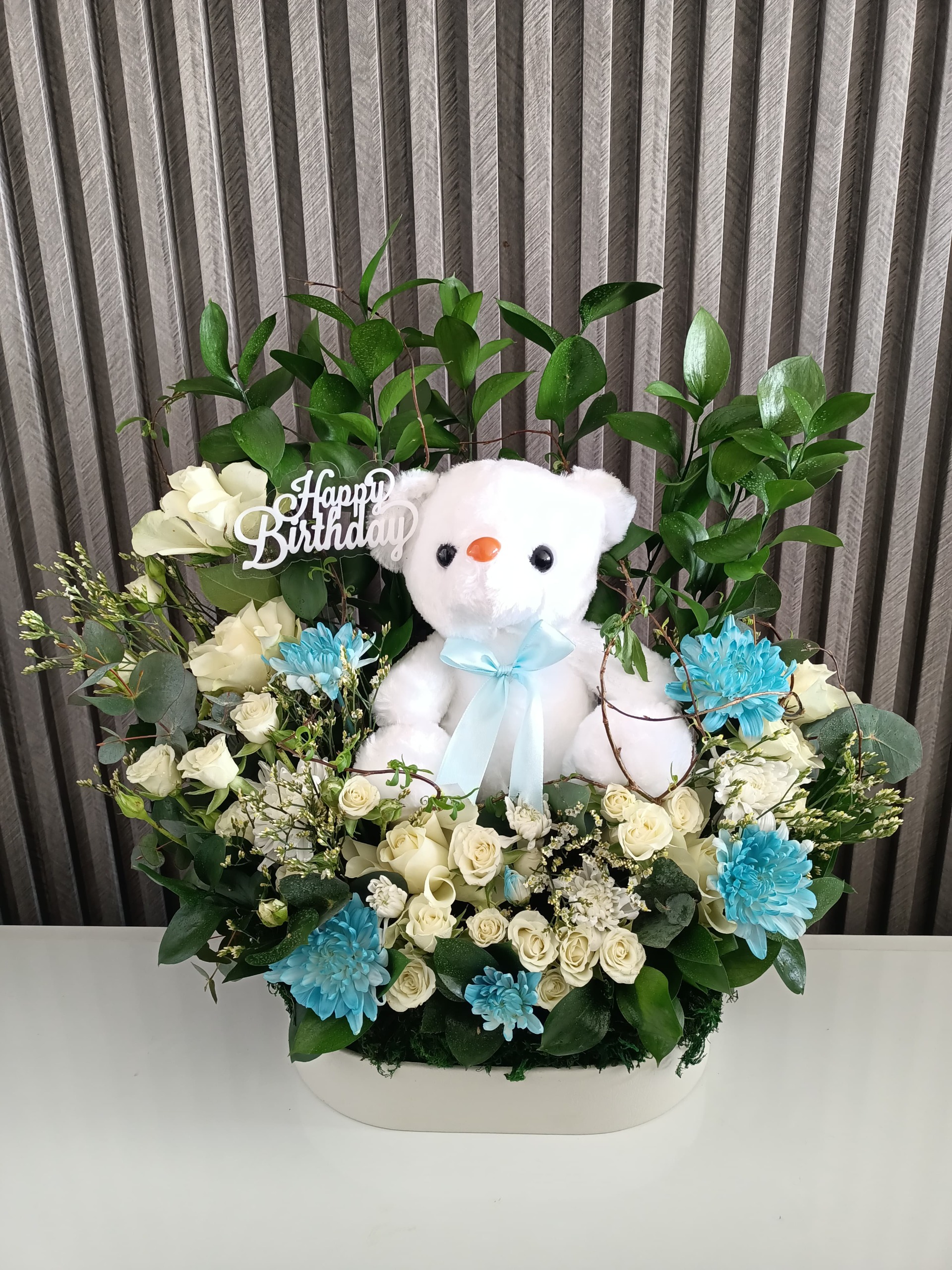 Blue Bliss: Roses, Gypsophila & Teddy