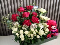 Heartfelt Blooms: Red Roses & Teddy