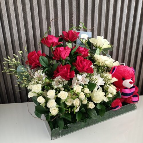 Heartfelt Blooms: Red Roses & Teddy