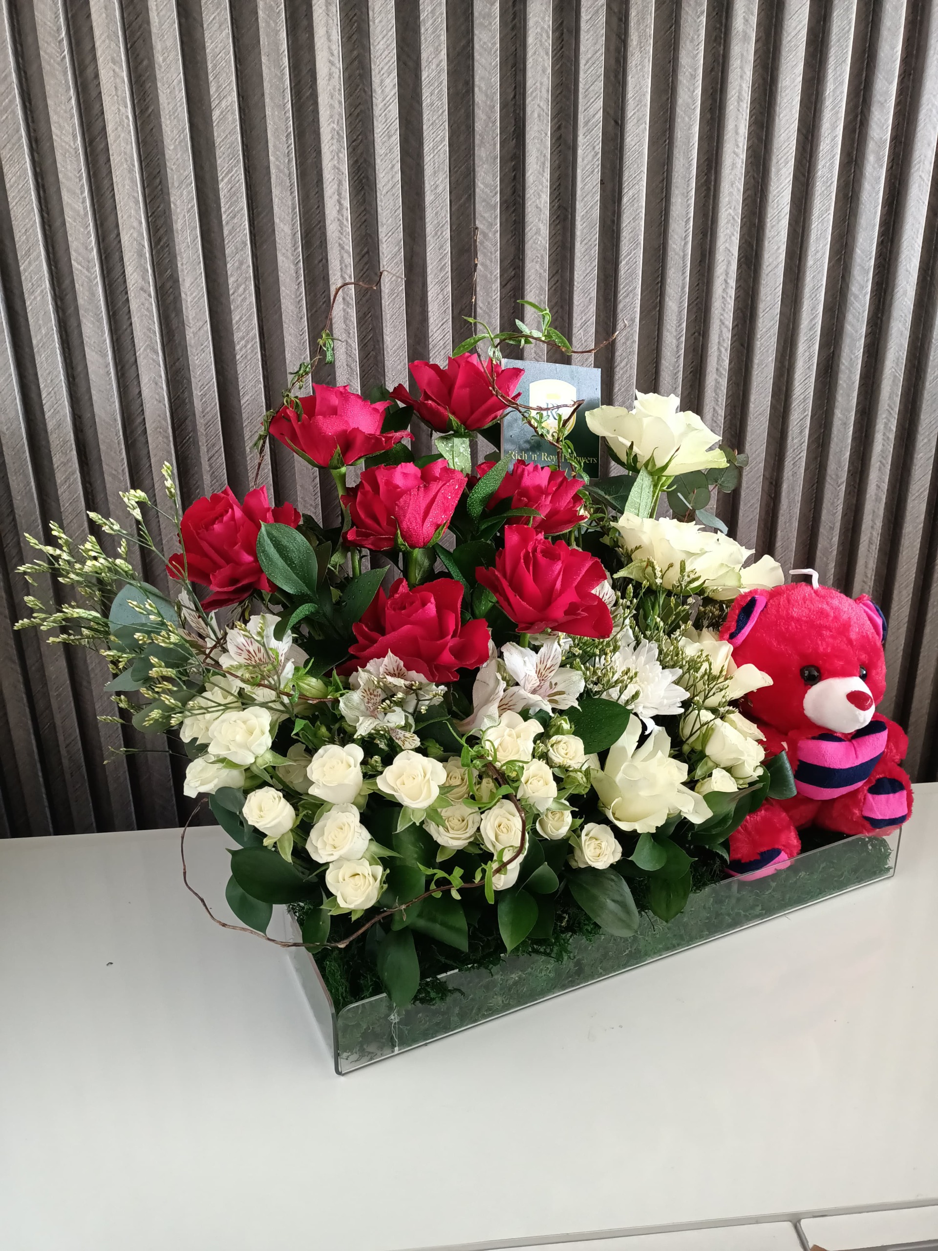 Heartfelt Blooms: Red Roses & Teddy