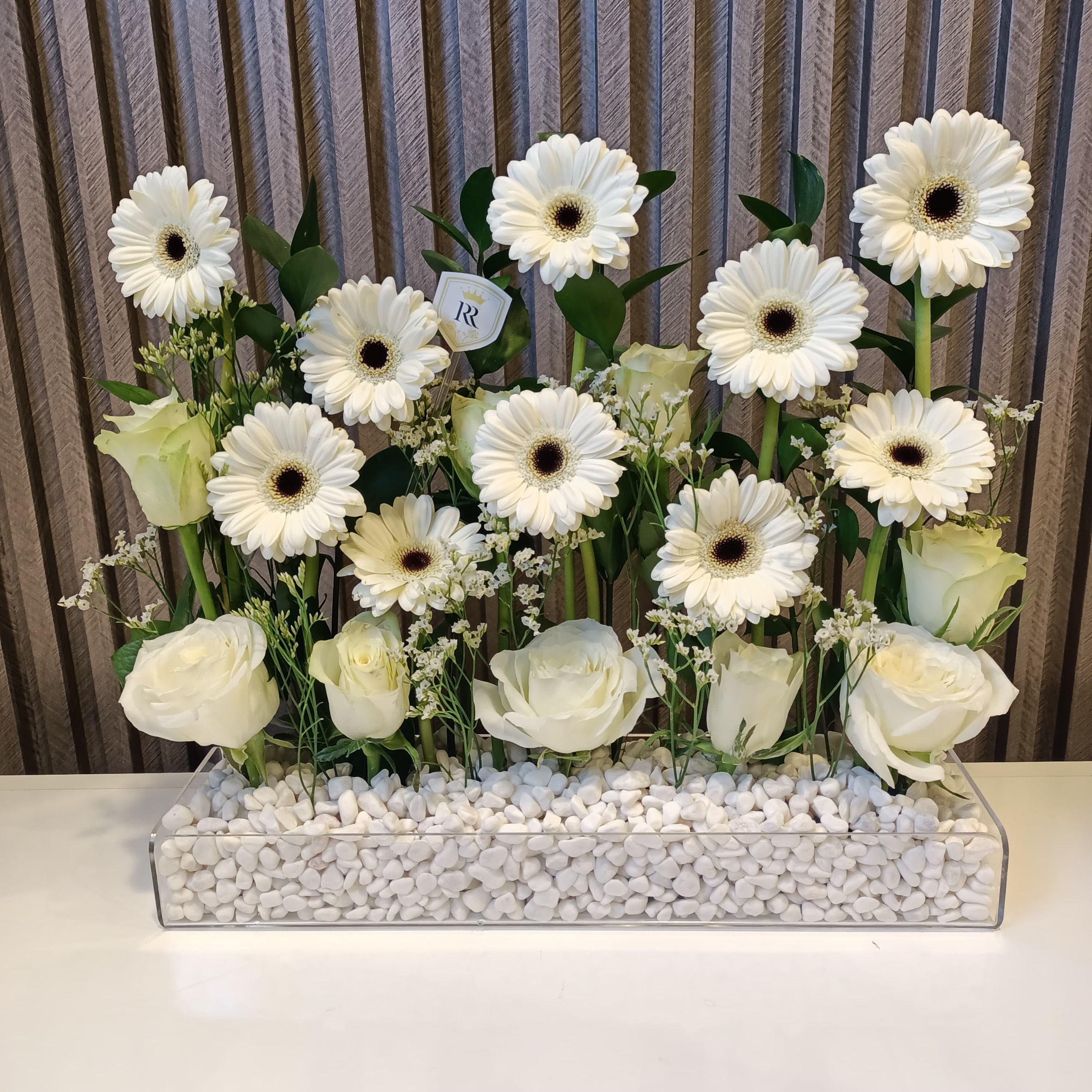 White Radiance: Gerberas & Roses in Glass