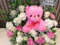 Birthday Hug: Pink Blooms & Teddy Bear