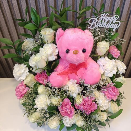 Birthday Hug: Pink Blooms & Teddy Bear