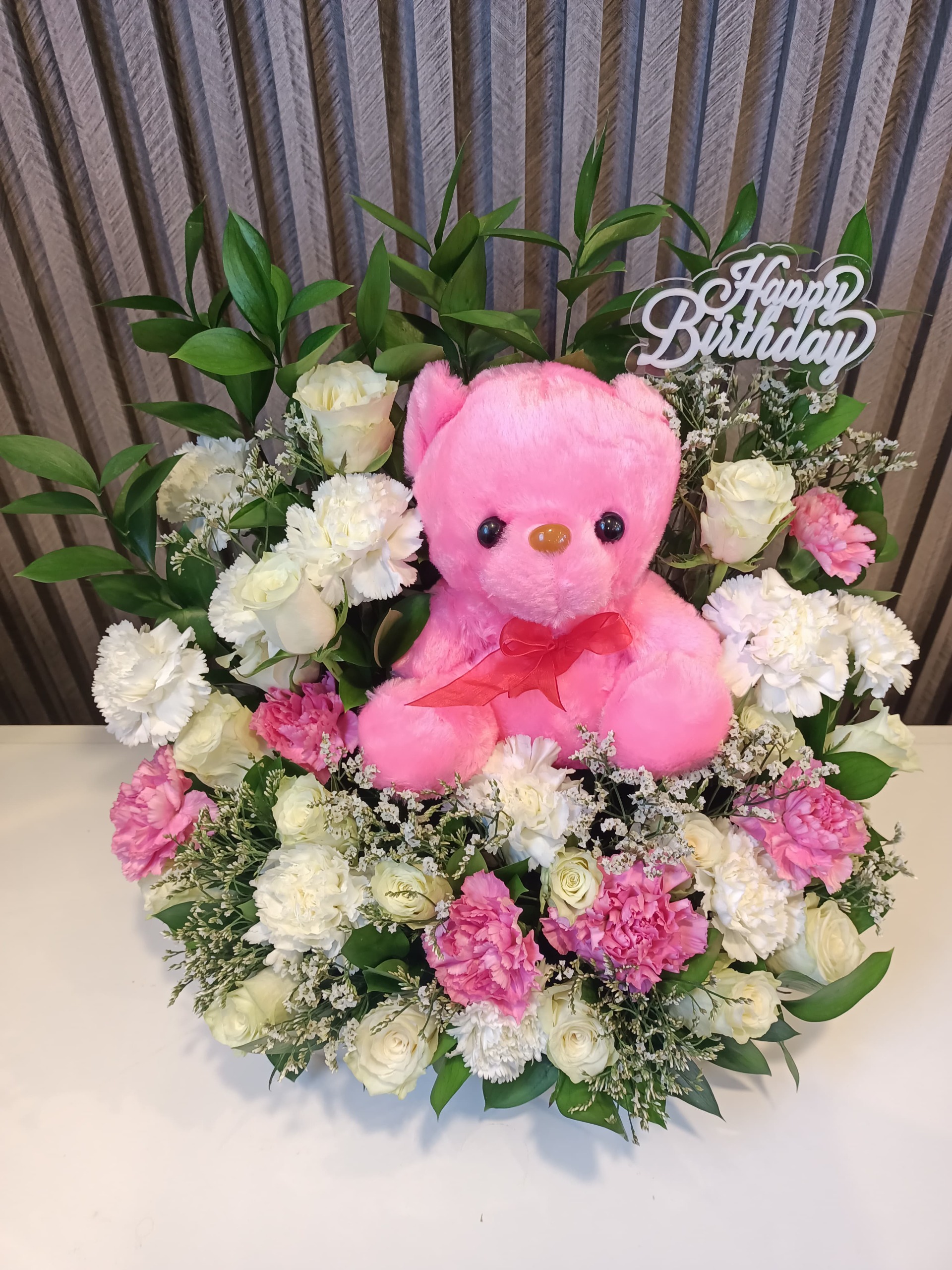 Birthday Hug: Pink Blooms & Teddy Bear