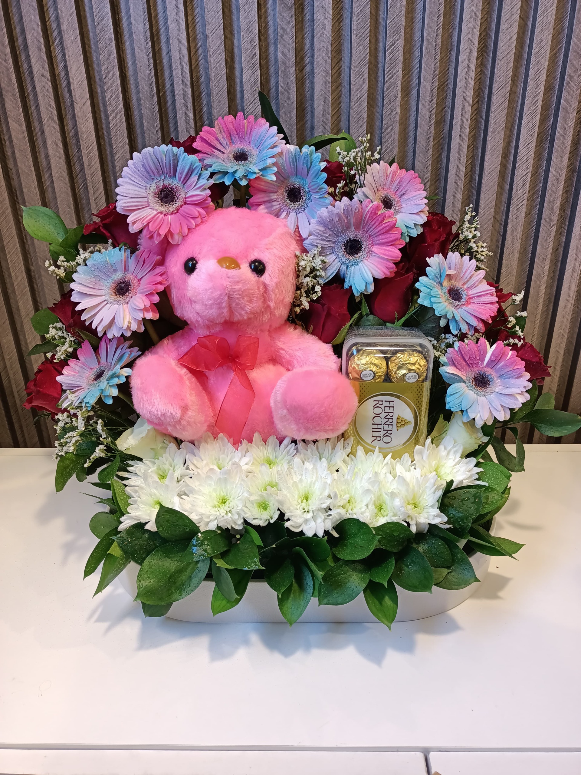 Sweet Embrace: Colorful Blooms, Teddy & Treats